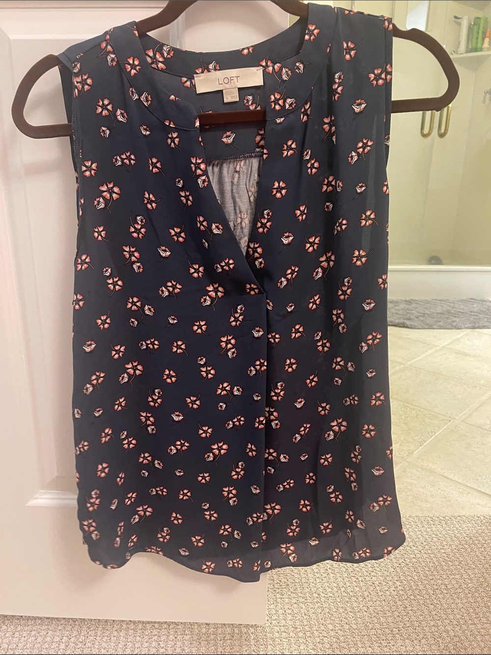 LOFT Navy Sleeveless V-Neck Camisole with Pink Floral Print